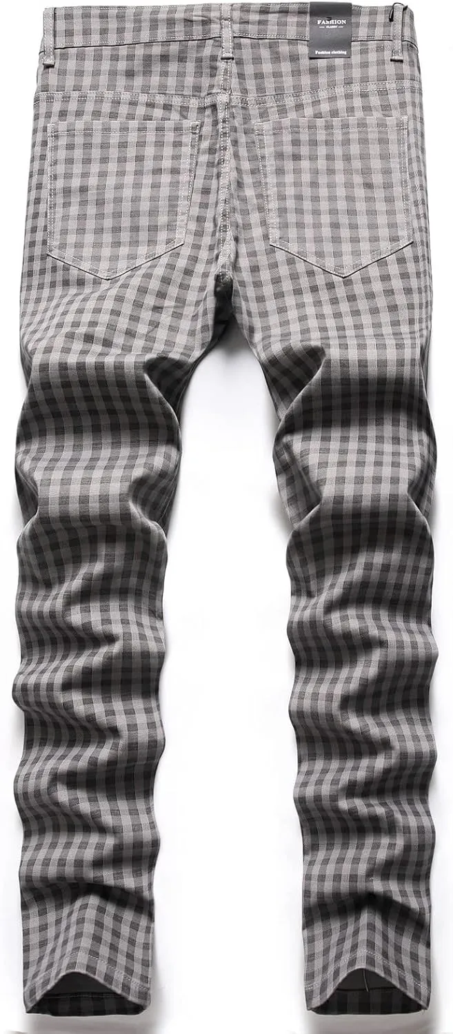 Men Linen Pants Fashion Casual Plaid Printed Straight Legs Slim Fit Buckle Zipper Suit Pants Classic Work Trouser