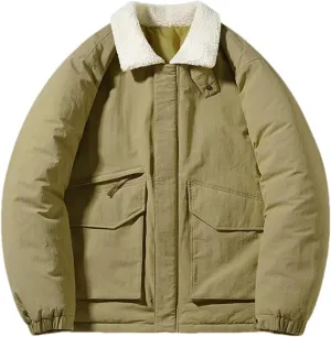 Men Winter Lamb Wool Collar Cotton-Padded Coat Casual Loose Thick Warm Down Cotton Jacket