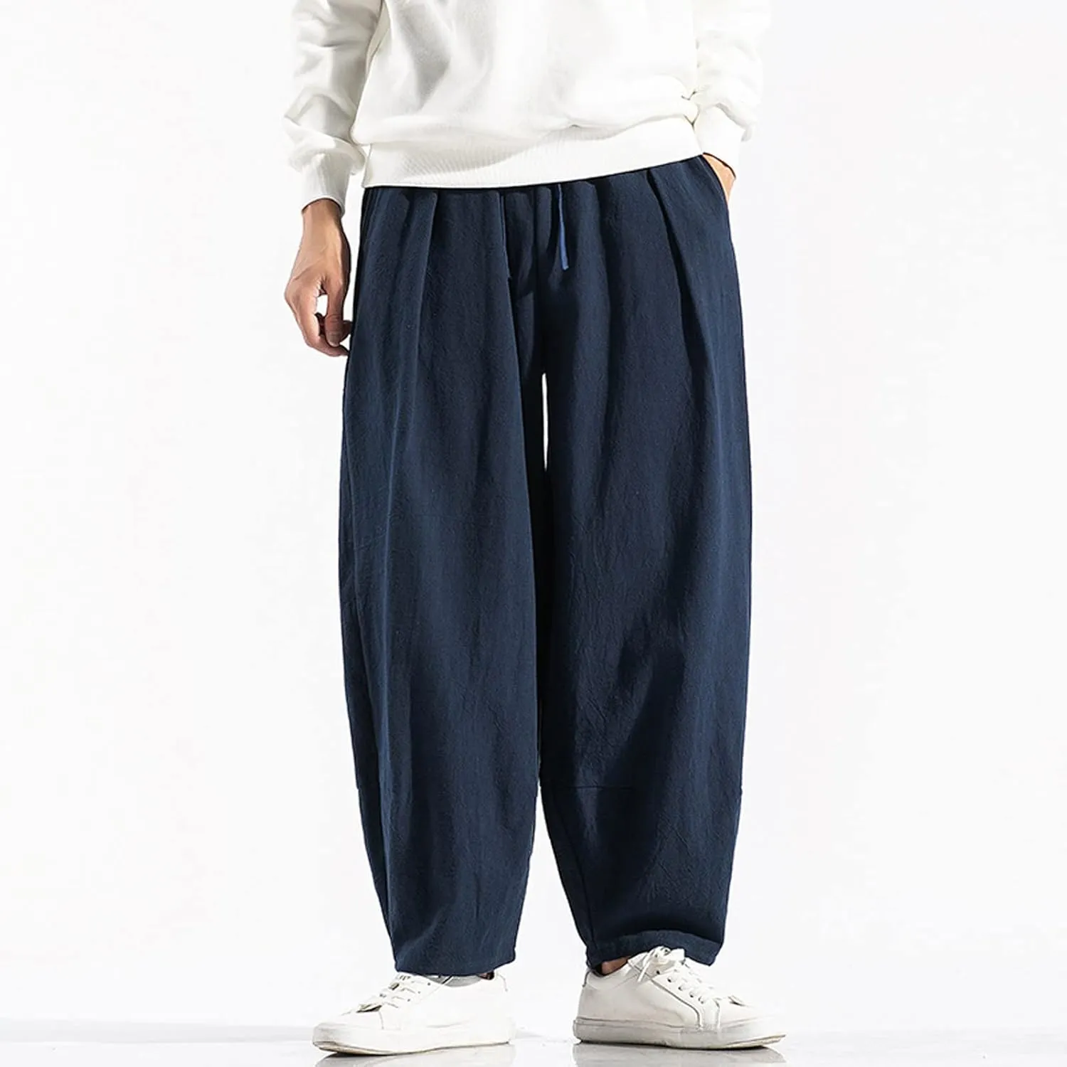 Mens Baggy Pants Drawstring Cotton Linen Wide Leg Yoga Pants Solid Color Baggy Pants