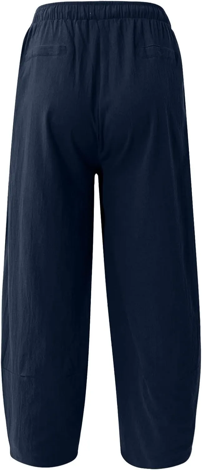 Mens Baggy Pants Drawstring Cotton Linen Wide Leg Yoga Pants Solid Color Baggy Pants