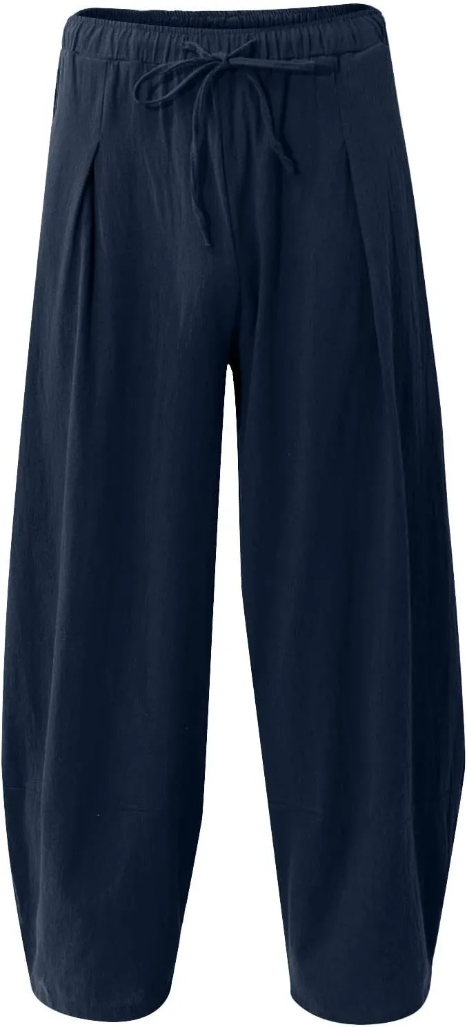 Mens Baggy Pants Drawstring Cotton Linen Wide Leg Yoga Pants Solid Color Baggy Pants