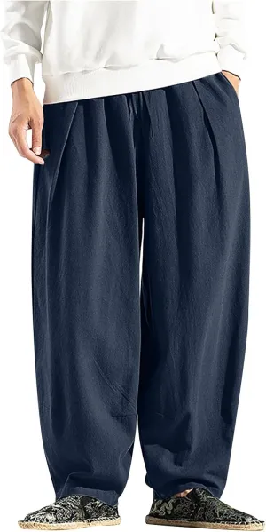 Mens Baggy Pants Drawstring Cotton Linen Wide Leg Yoga Pants Solid Color Baggy Pants