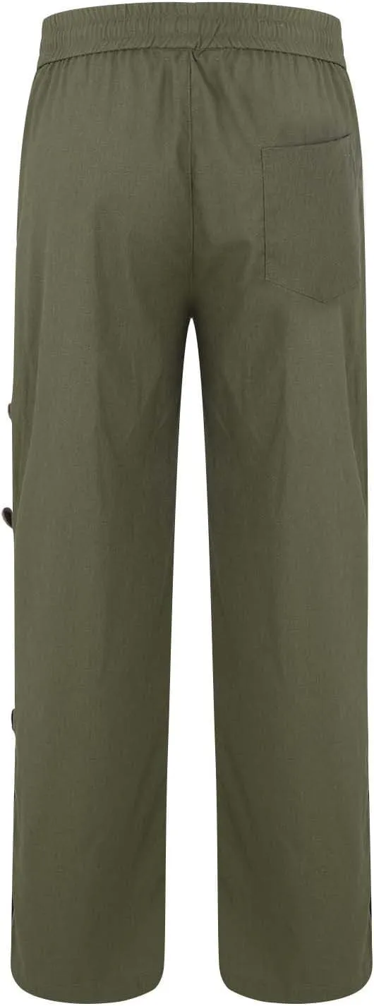 Mens Beach Linen Pants Lightweight Loose Casual Pants Side Button Drawstring Trousers Outdoor Vacation Summer Slacks