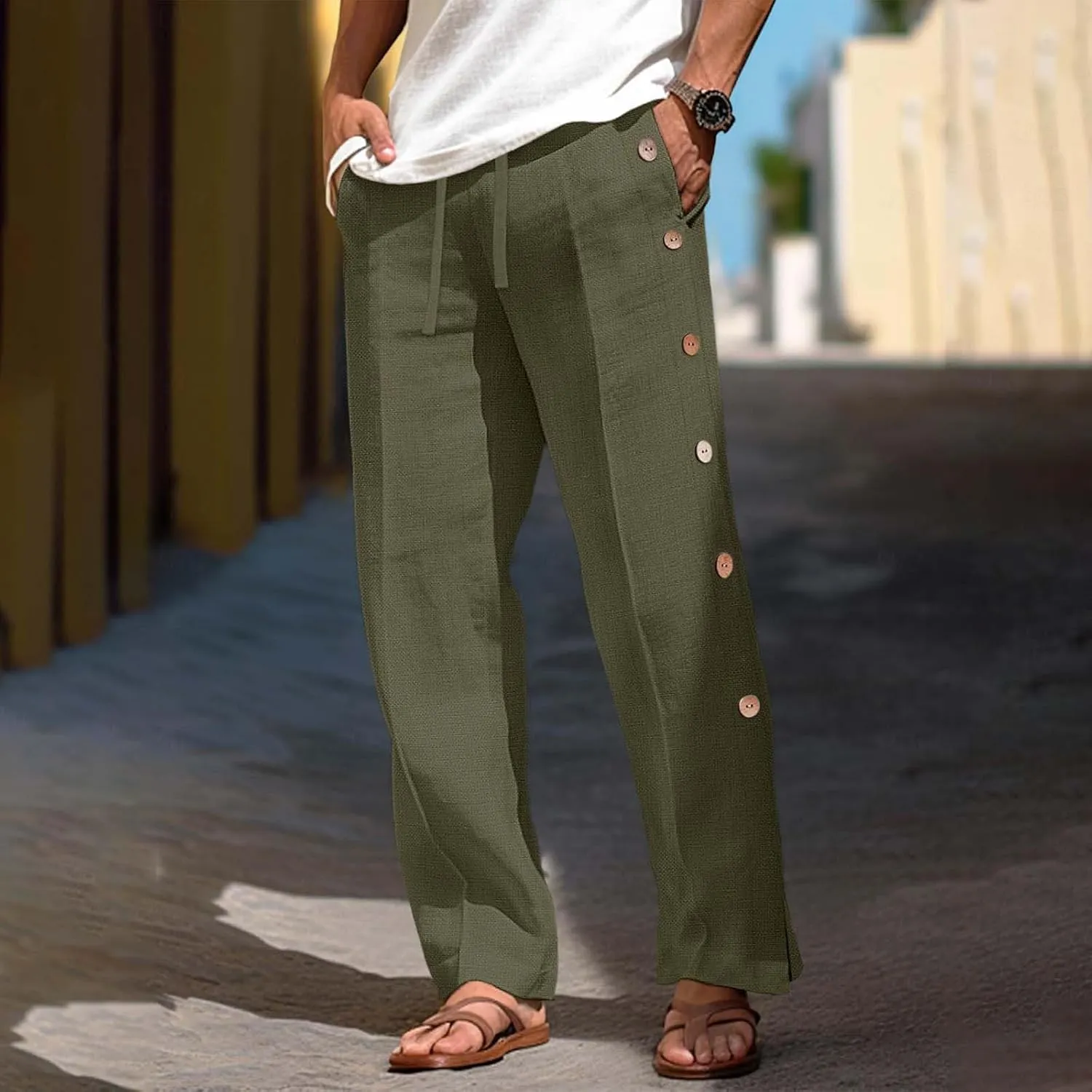 Mens Beach Linen Pants Lightweight Loose Casual Pants Side Button Drawstring Trousers Outdoor Vacation Summer Slacks