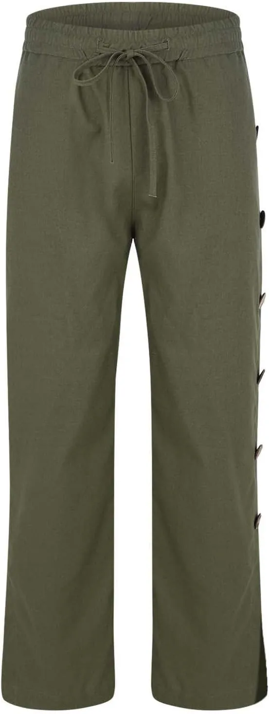 Mens Beach Linen Pants Lightweight Loose Casual Pants Side Button Drawstring Trousers Outdoor Vacation Summer Slacks