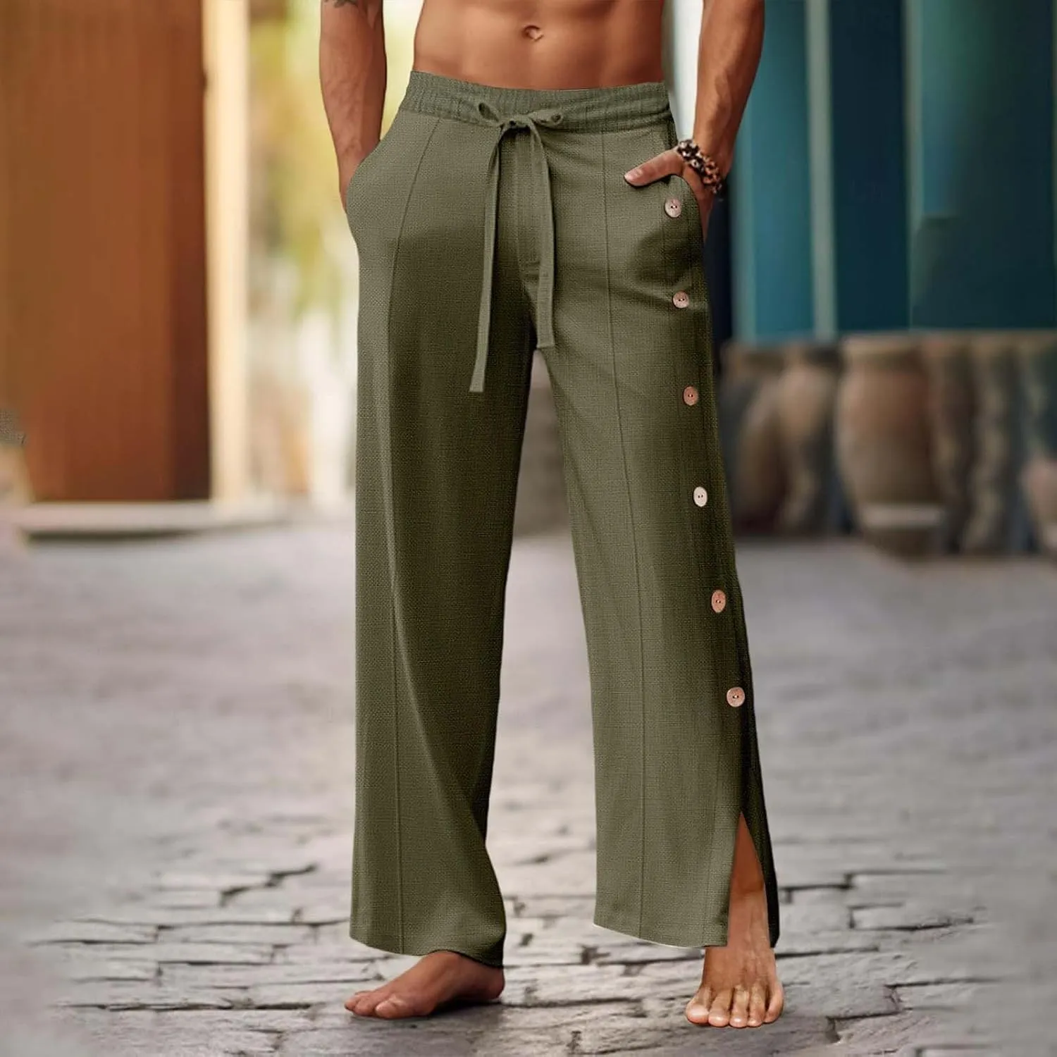 Mens Beach Linen Pants Lightweight Loose Casual Pants Side Button Drawstring Trousers Outdoor Vacation Summer Slacks