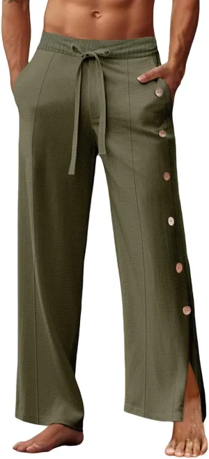 Mens Beach Linen Pants Lightweight Loose Casual Pants Side Button Drawstring Trousers Outdoor Vacation Summer Slacks