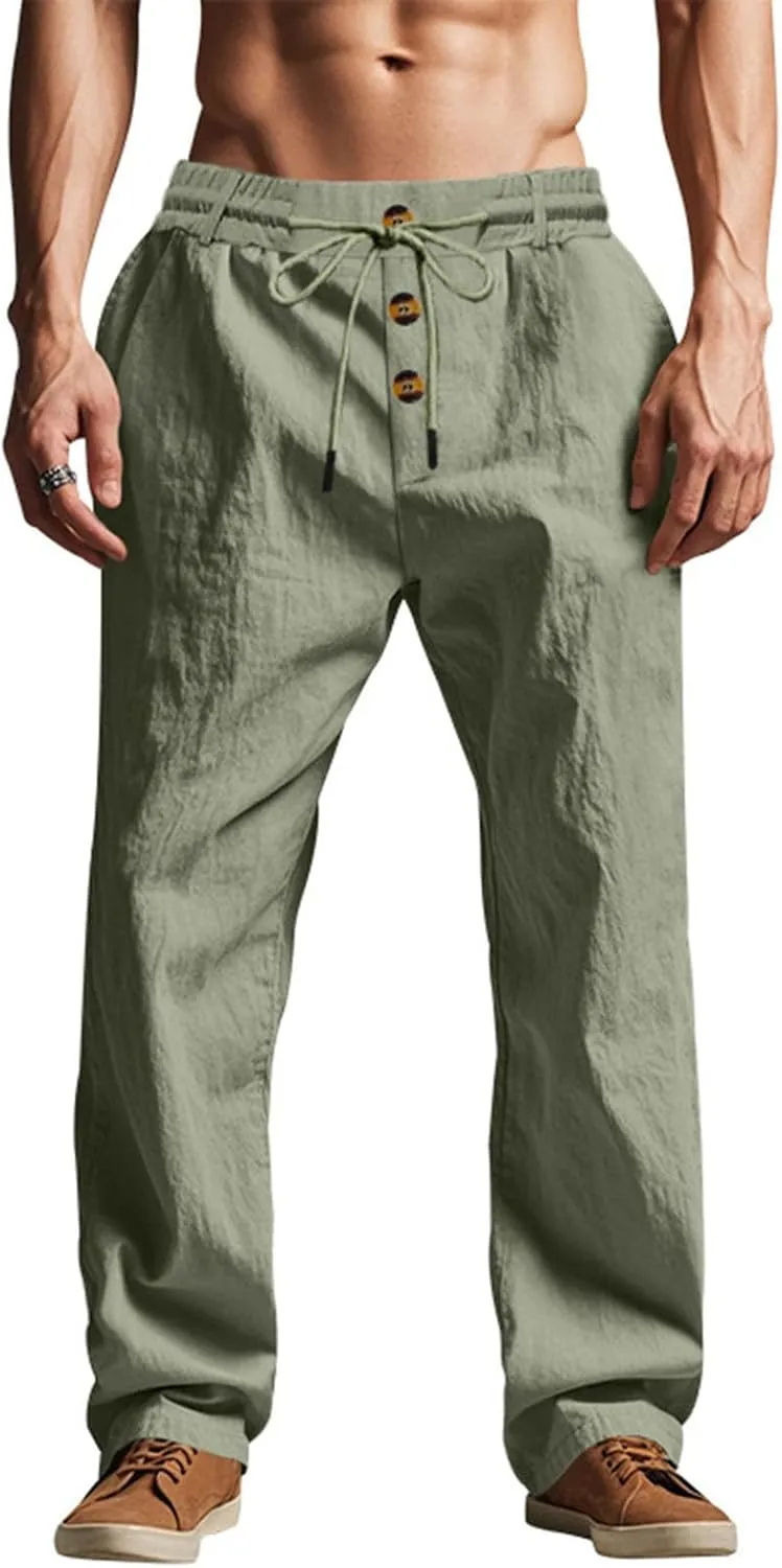 Mens Beach Pants Elastic Waist Drawstring Lightweight Summer Pants Linen Yoga Lounge Trousers Solid Straight Fit