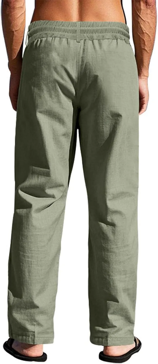 Mens Beach Pants Elastic Waist Drawstring Lightweight Summer Pants Linen Yoga Lounge Trousers Solid Straight Fit