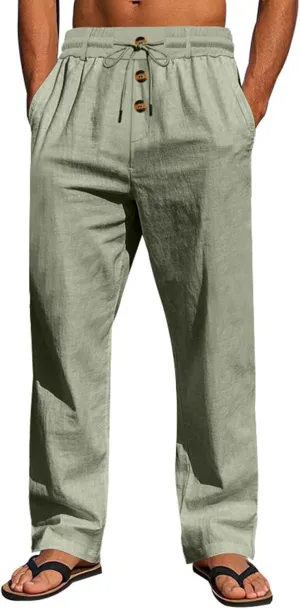 Mens Beach Pants Elastic Waist Drawstring Lightweight Summer Pants Linen Yoga Lounge Trousers Solid Straight Fit