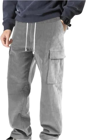 Mens Cargo Pants Straight Corduroy Drawstring Casual Trendy Lightweight Pants Training Joggers Trousers with Pockets