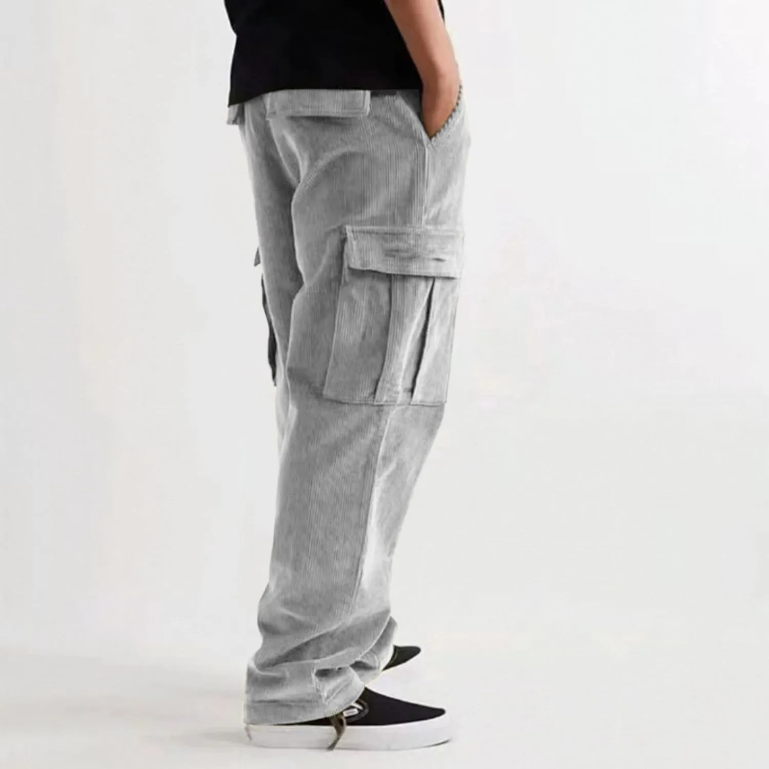Mens Cargo Pants Straight Corduroy Drawstring Casual Trendy Lightweight Pants Training Joggers Trousers with Pockets