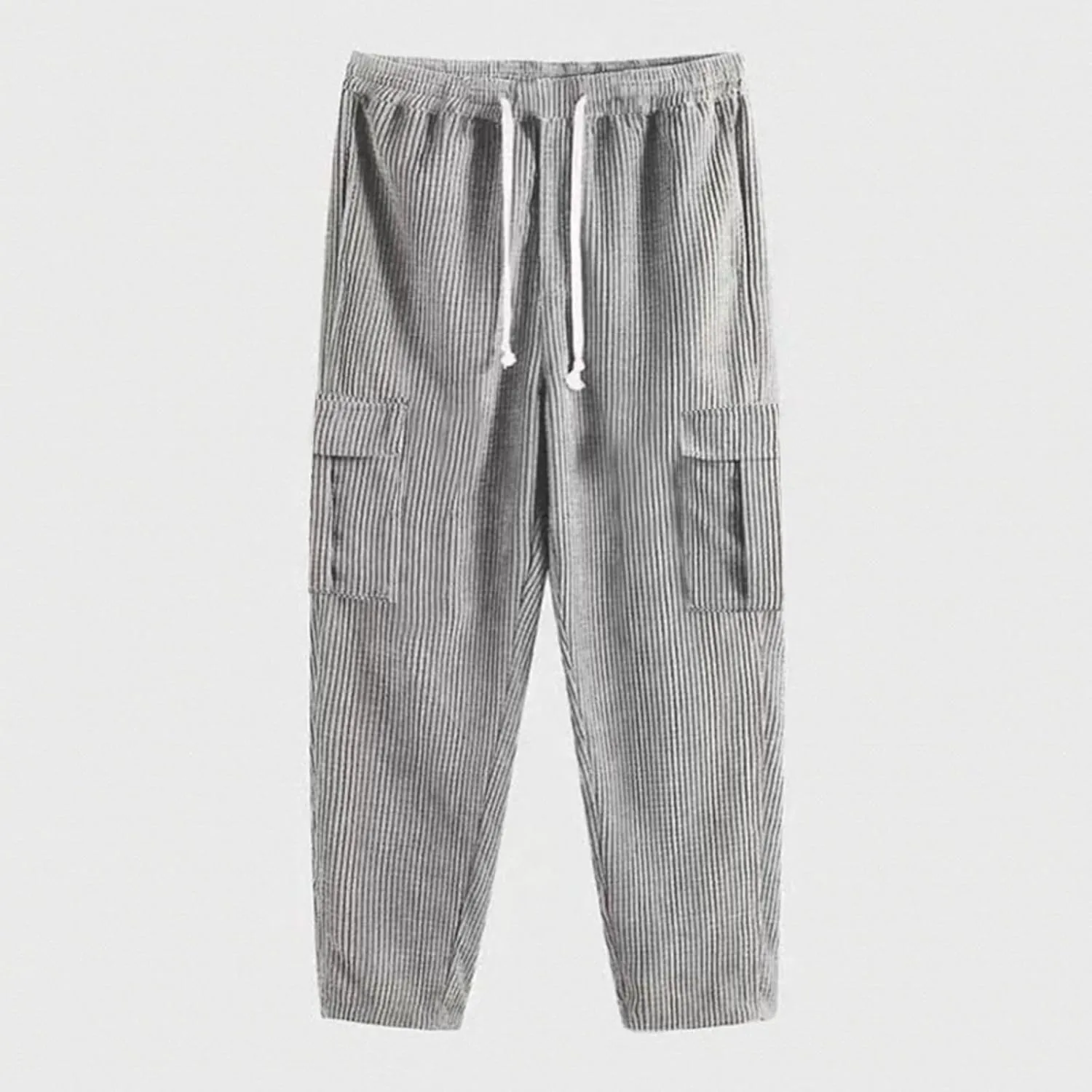 Mens Cargo Pants Straight Corduroy Drawstring Casual Trendy Lightweight Pants Training Joggers Trousers with Pockets