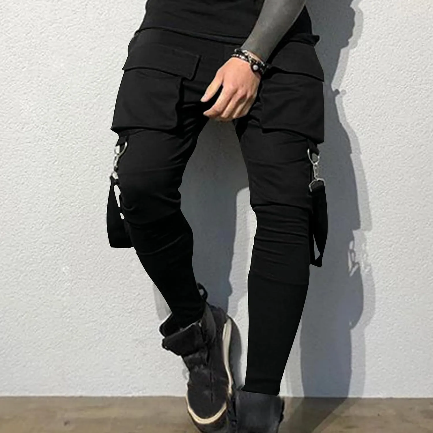 Men's Casual Cargo Pants Drawstring Stretch Elastic Waist Tapered Pants Slim Fit Sport Pants with Multi Pockets