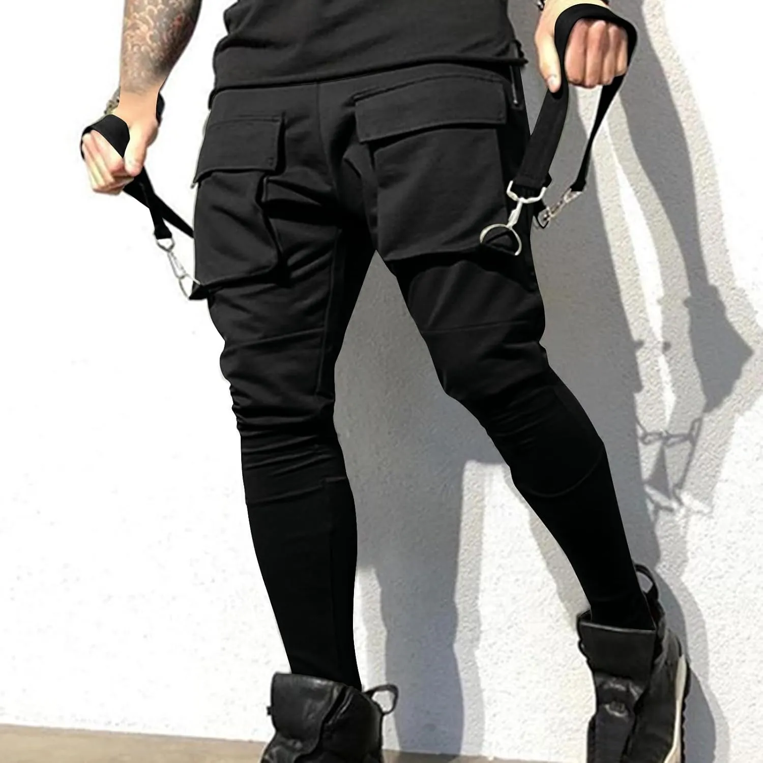 Men's Casual Cargo Pants Drawstring Stretch Elastic Waist Tapered Pants Slim Fit Sport Pants with Multi Pockets