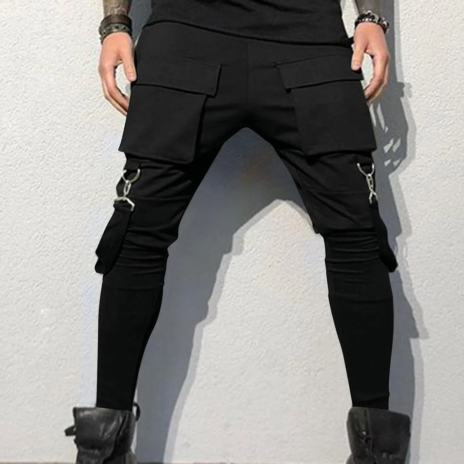 Men's Casual Cargo Pants Drawstring Stretch Elastic Waist Tapered Pants Slim Fit Sport Pants with Multi Pockets
