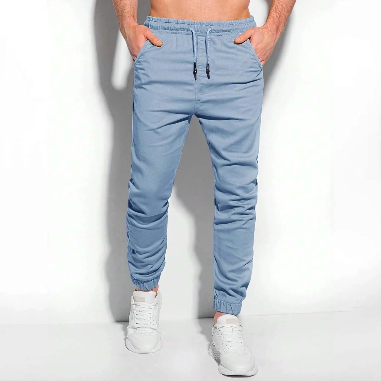 Mens Casual Chino Pants Elastic Waist Solid Color Classic Slim Fit Stretch Work Pants Fashion Sport Business Office Trousers