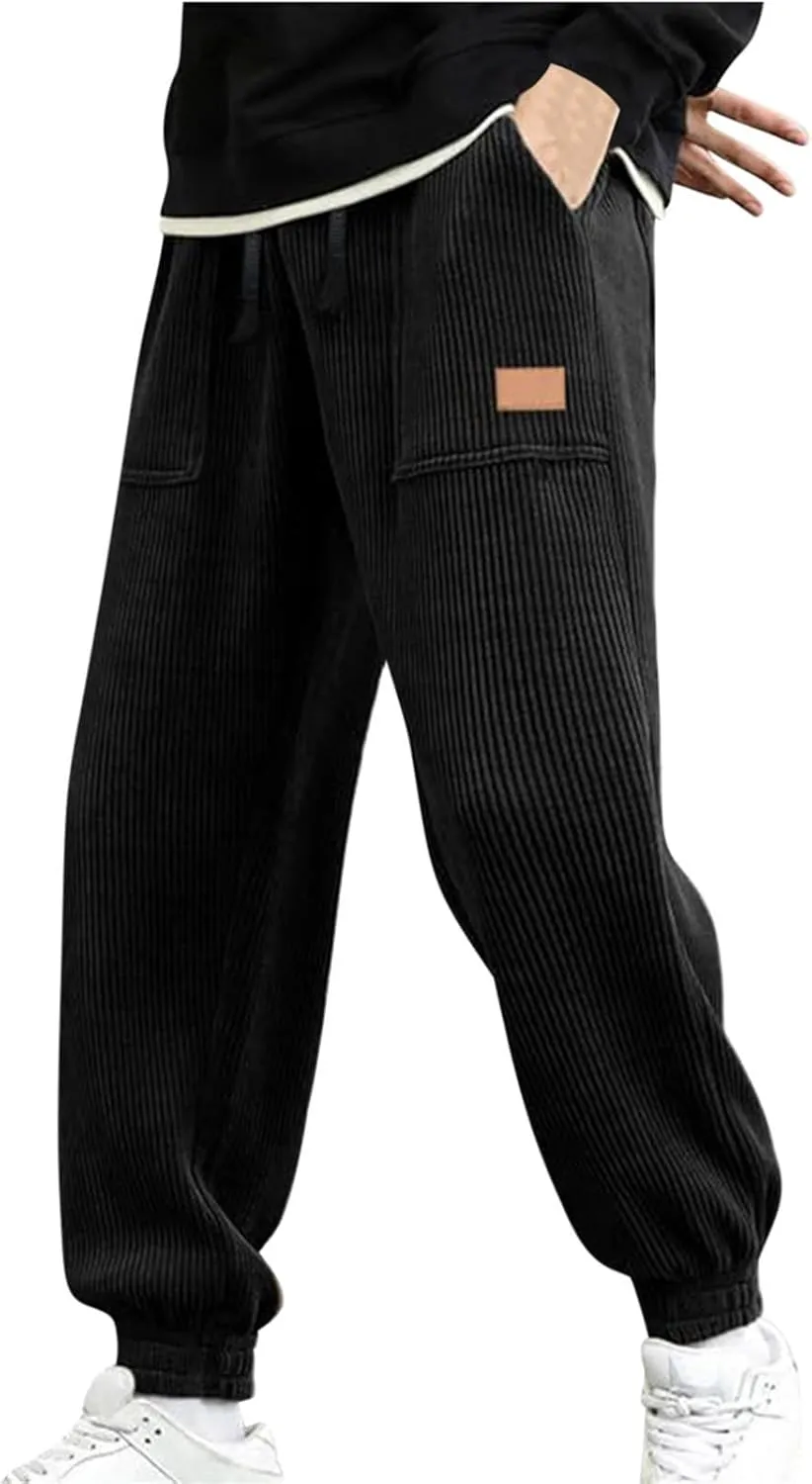 Men's Casual Corduroy Sweatpants Loose Fit Drawstring Elastic Waist Jogger Pants Baggy Sport Cargo Pants with Pockets