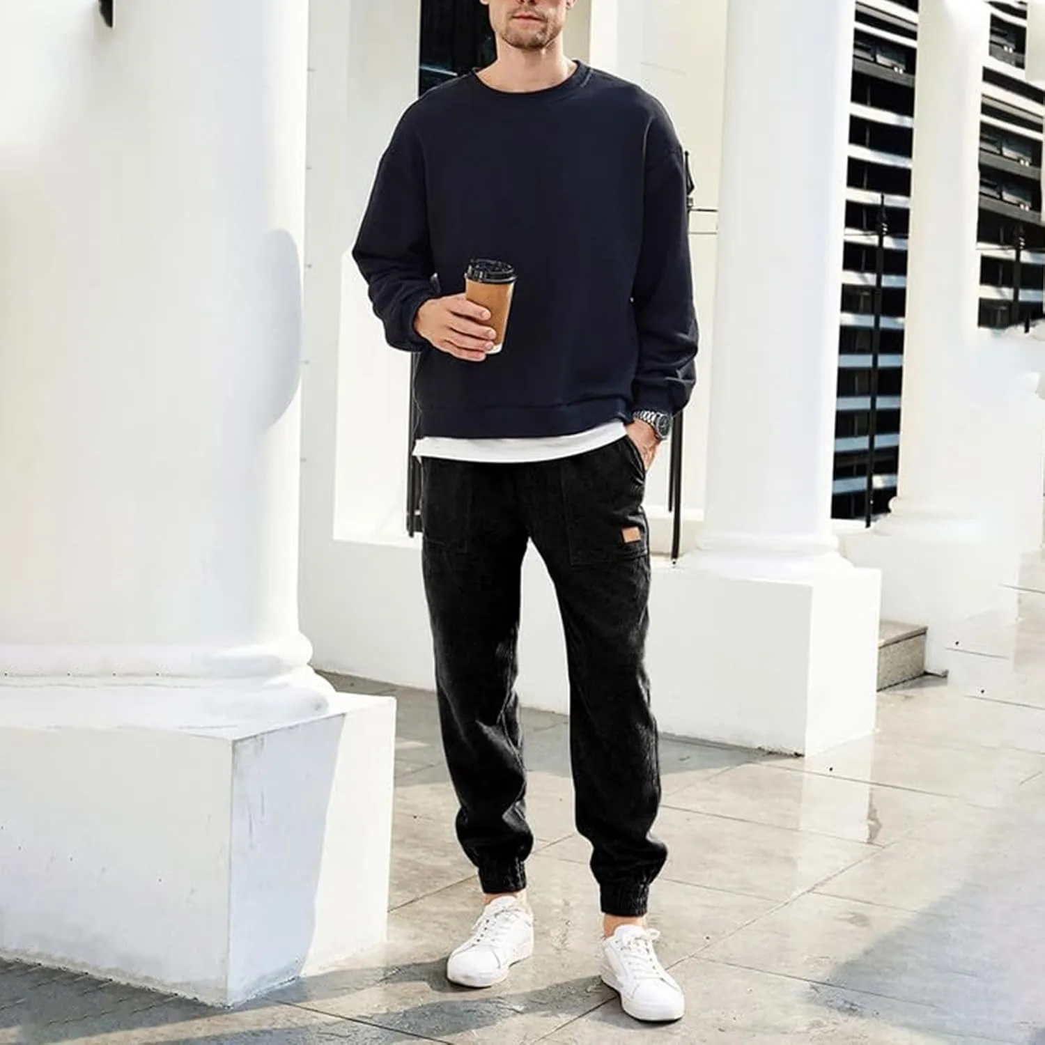 Men's Casual Corduroy Sweatpants Loose Fit Drawstring Elastic Waist Jogger Pants Baggy Sport Cargo Pants with Pockets