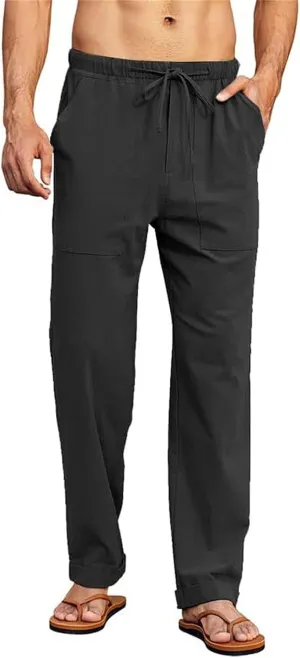 Men's Casual Linen Pants Elastic Waist Drawstring Beach Summer Pants Stretch Chino Pant Lightweight Linen Trousers
