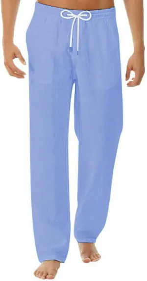 Mens Casual Linen Pants Lightweight Drawstring Wide Straight Leg Pant Athletic Gym Joggers Summer Beach Trouser