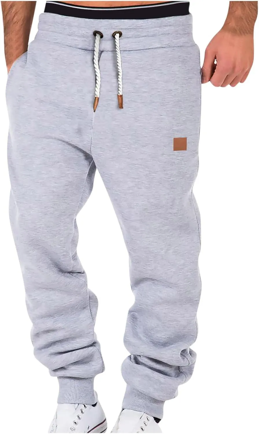 Mens Casual Pants Drawstring Elastic Waist Sports Sweatpants Cotton Solid Loose Trousers Classic-Fit Long Pant
