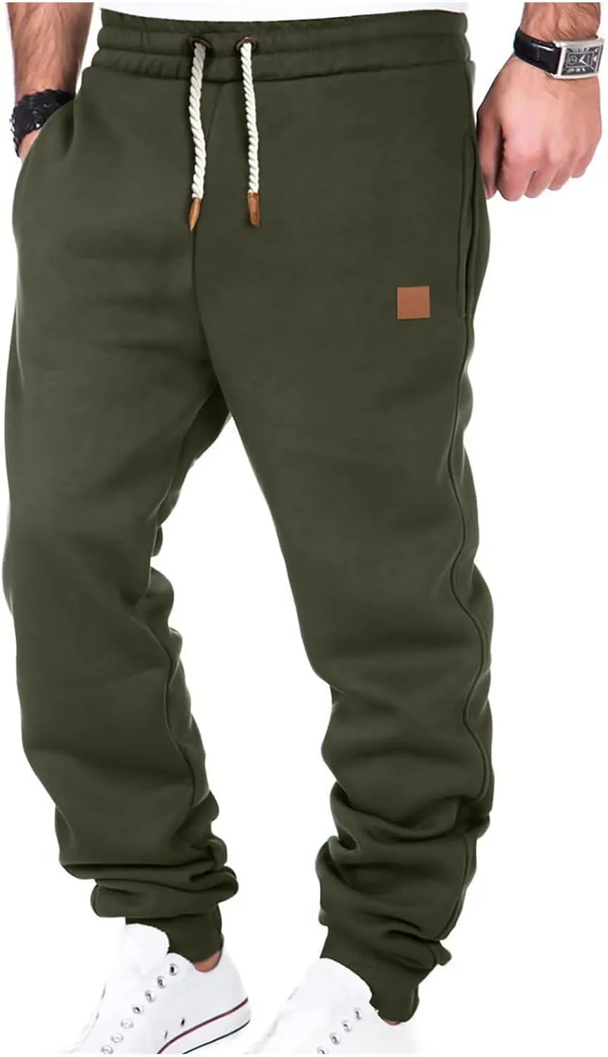 Mens Casual Pants Drawstring Elastic Waist Sports Sweatpants Cotton Solid Loose Trousers Classic-Fit Long Pant