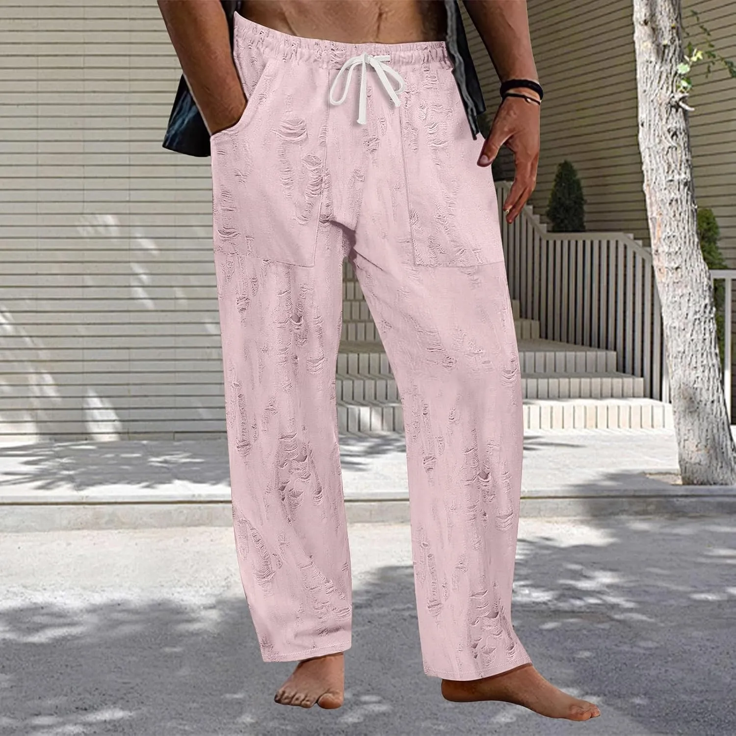Mens Casual Pants Stretch Drawstring Elastic Waist Classic Loose Lightweight Solid Trousers Work Outdoor Sweatpants