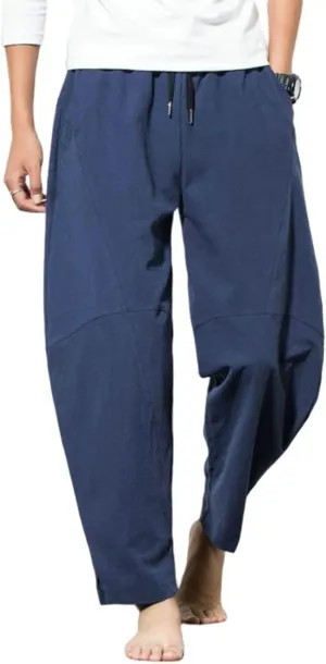 Mens Casual Pants Wide Legs Drawstring Elastic Waist Retro Classic Breathable Baggy Solid Sweatpants Joggers Trousers