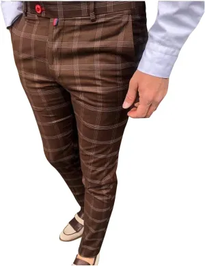 Men's Casual Plaid Dress Pants Stretch Flat-Front Suit Pant Slim Fit Ankle Length Pencil Tapered Trousers with Pockets