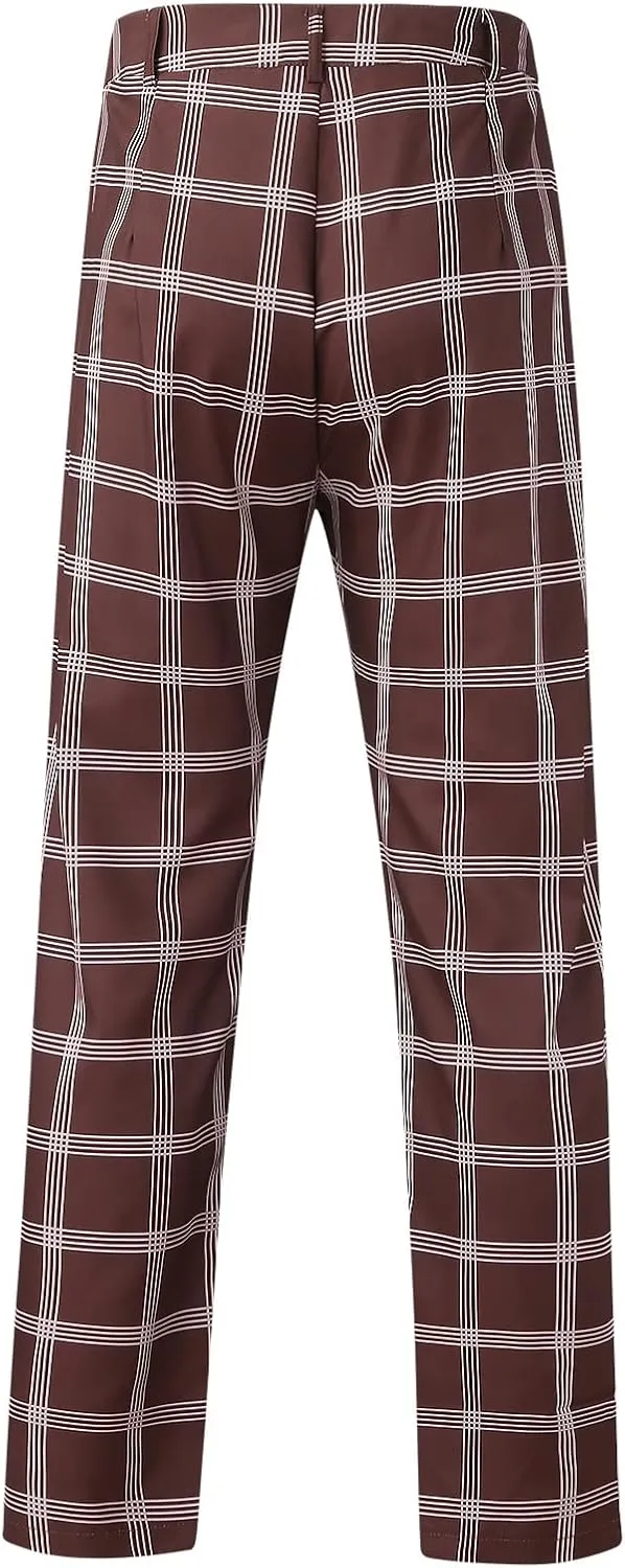 Men's Casual Plaid Dress Pants Stretch Flat-Front Suit Pant Slim Fit Ankle Length Pencil Tapered Trousers with Pockets