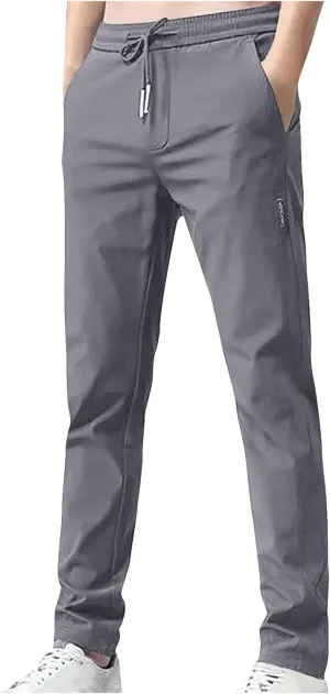 Men's Casual Stretch Pants 2024 Elastic Waist Lightweight Classic Work Pants Slim Fit Summer Beach Pants with Pockets