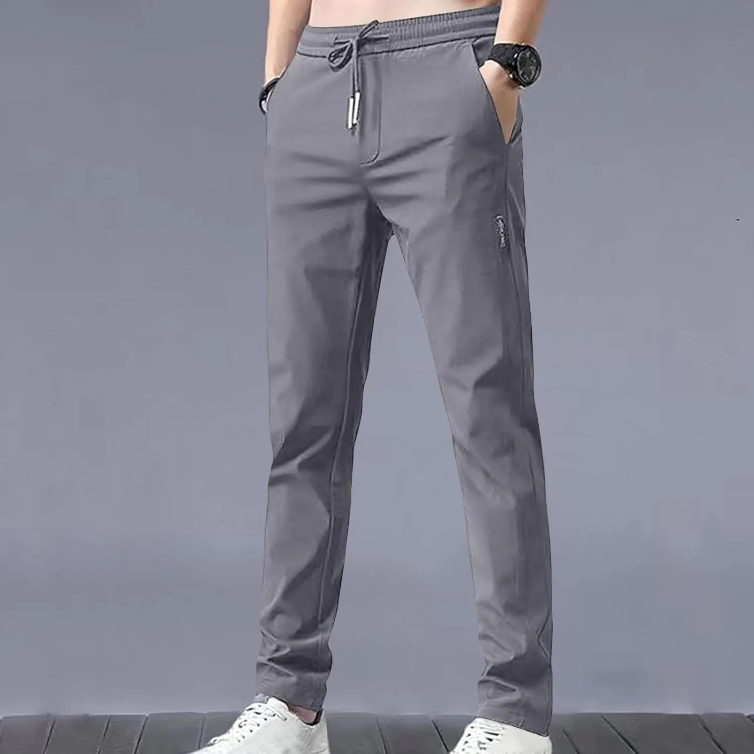 Men's Casual Stretch Pants 2024 Elastic Waist Lightweight Classic Work Pants Slim Fit Summer Beach Pants with Pockets