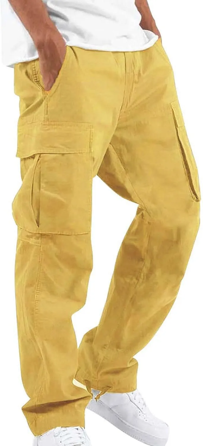 Mens Casual Waist Color Sports Cargo Pants Outdoor Wearing Pants with Pockets Joggers Loose Fit Hiking Trousers