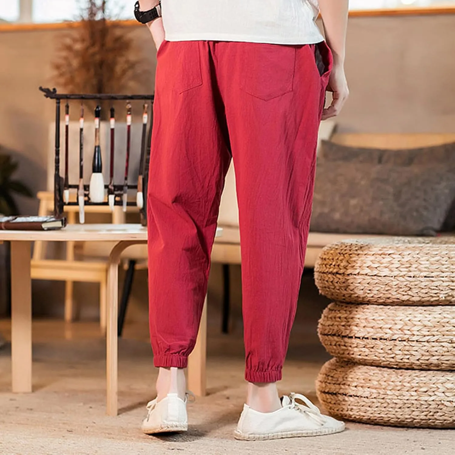 Mens Classic Casual Pants Workout Athletic Pants Parachute Tapered Cotton Linen Sweatpants Hiking Jogger Fashion Pant