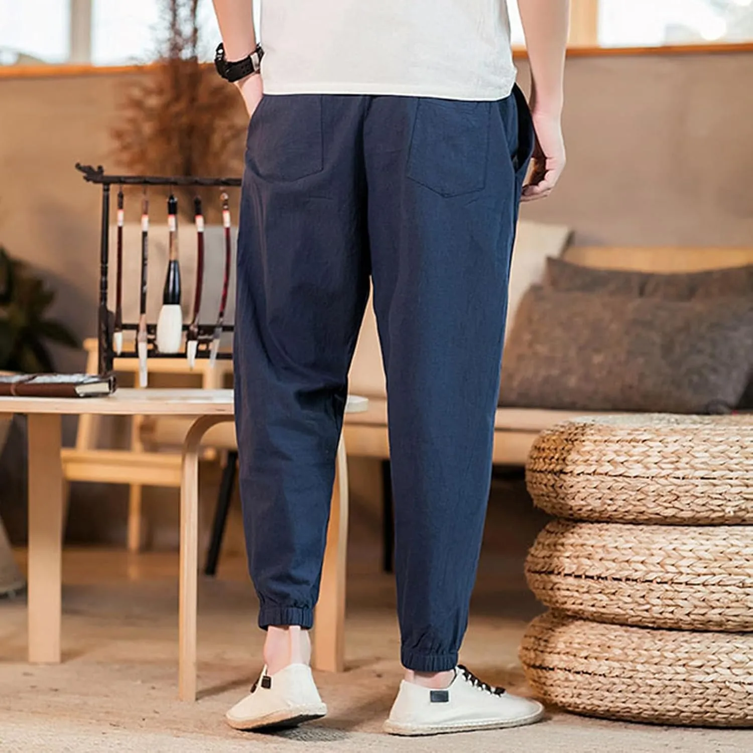 Mens Classic Casual Pants Workout Athletic Pants Parachute Tapered Cotton Linen Sweatpants Hiking Jogger Fashion Pant