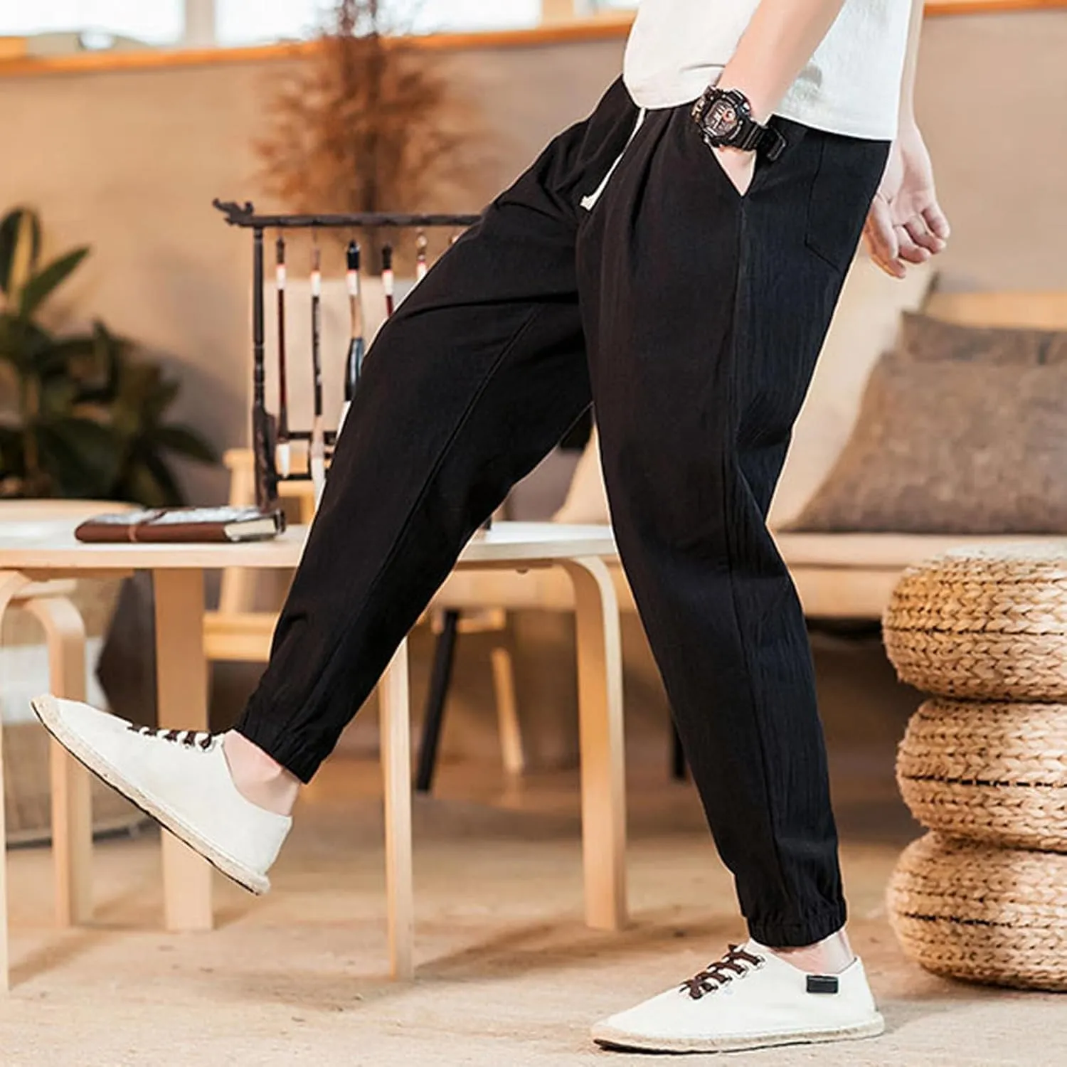 Mens Classic Casual Pants Workout Athletic Pants Parachute Tapered Cotton Linen Sweatpants Hiking Jogger Fashion Pant