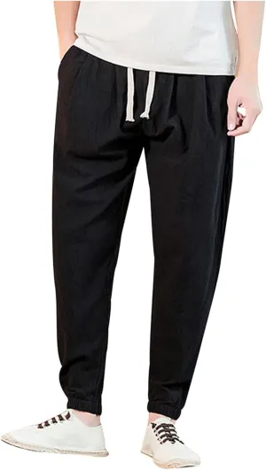Mens Classic Casual Pants Workout Athletic Pants Parachute Tapered Cotton Linen Sweatpants Hiking Jogger Fashion Pant
