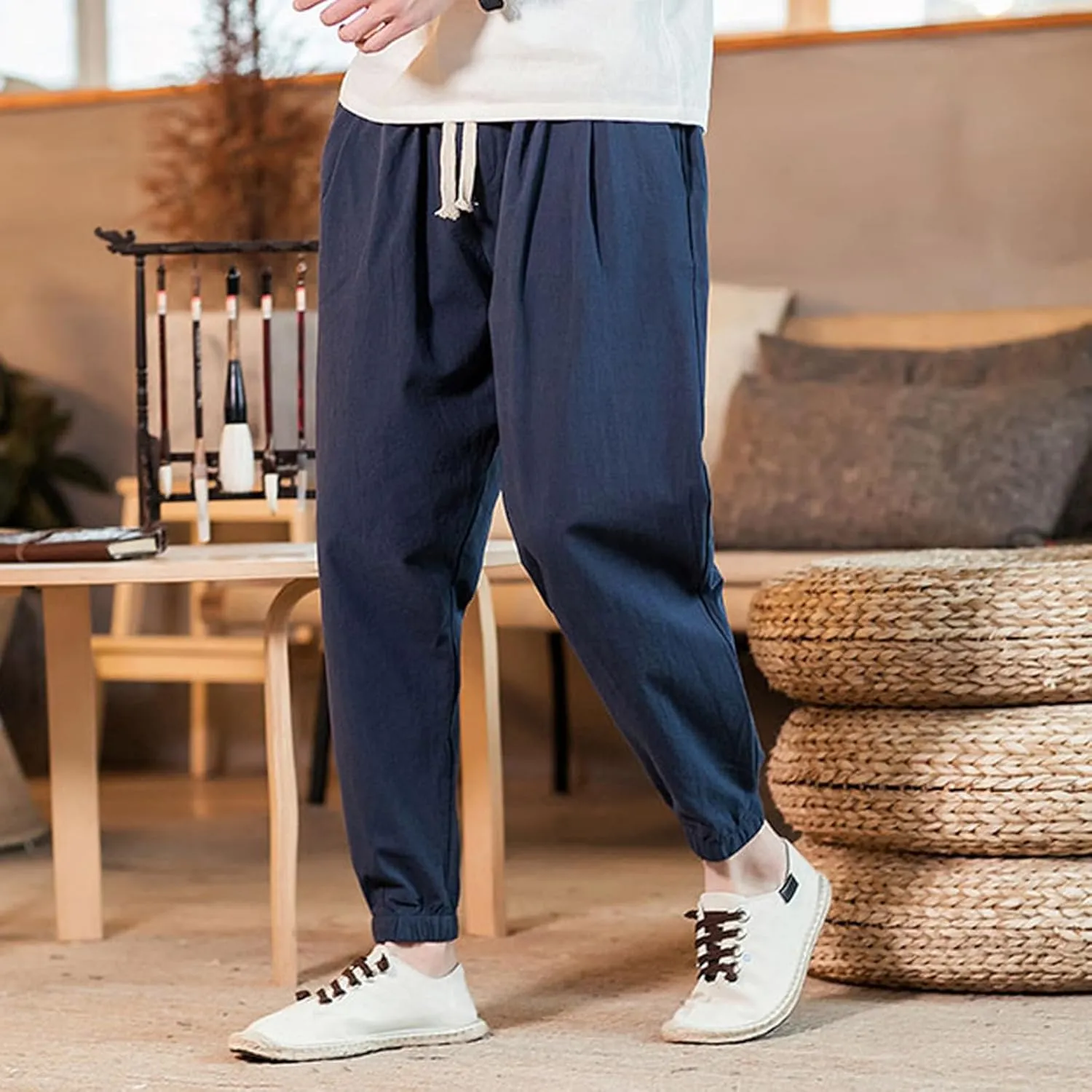 Mens Classic Casual Pants Workout Athletic Pants Parachute Tapered Cotton Linen Sweatpants Hiking Jogger Fashion Pant