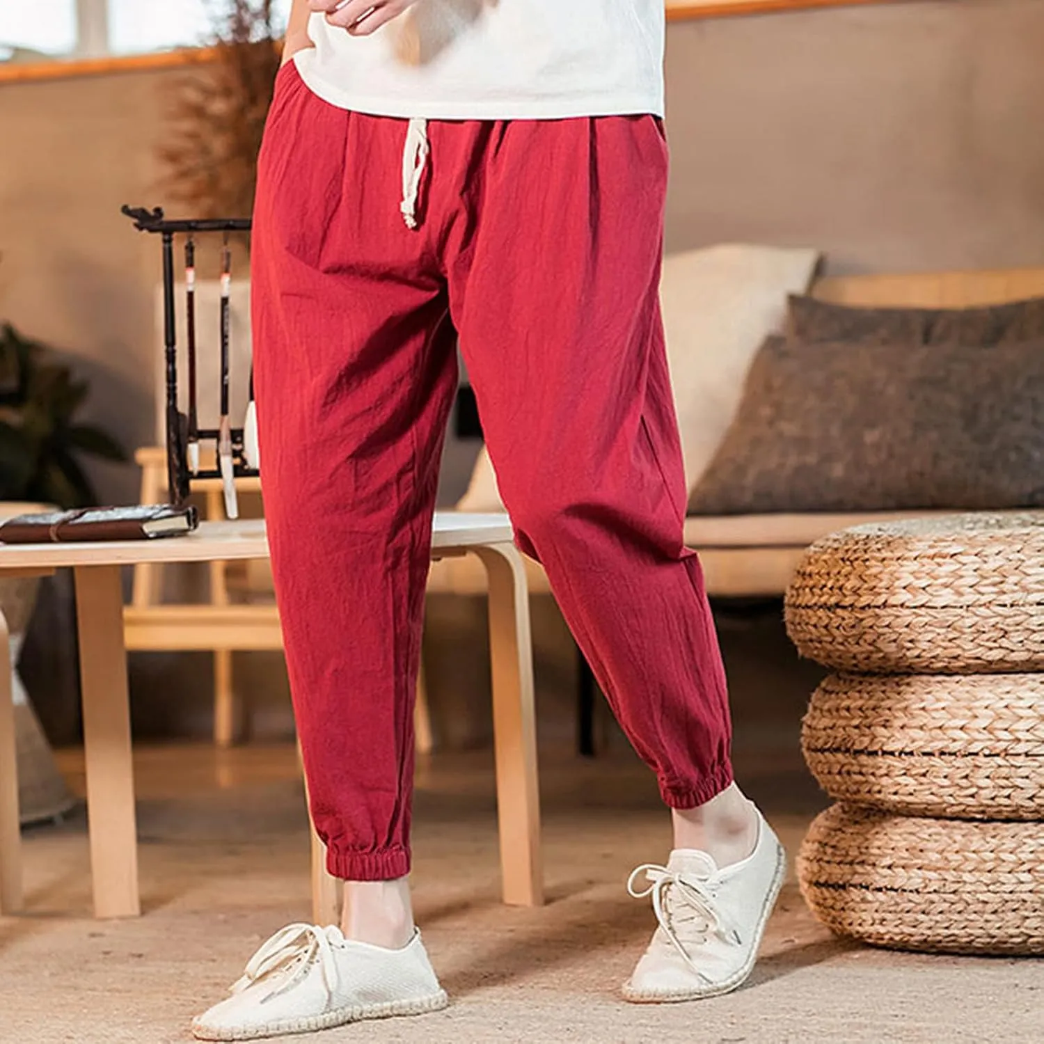 Mens Classic Casual Pants Workout Athletic Pants Parachute Tapered Cotton Linen Sweatpants Hiking Jogger Fashion Pant