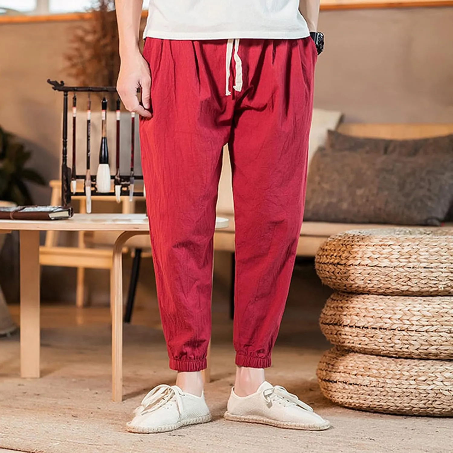 Mens Classic Casual Pants Workout Athletic Pants Parachute Tapered Cotton Linen Sweatpants Hiking Jogger Fashion Pant