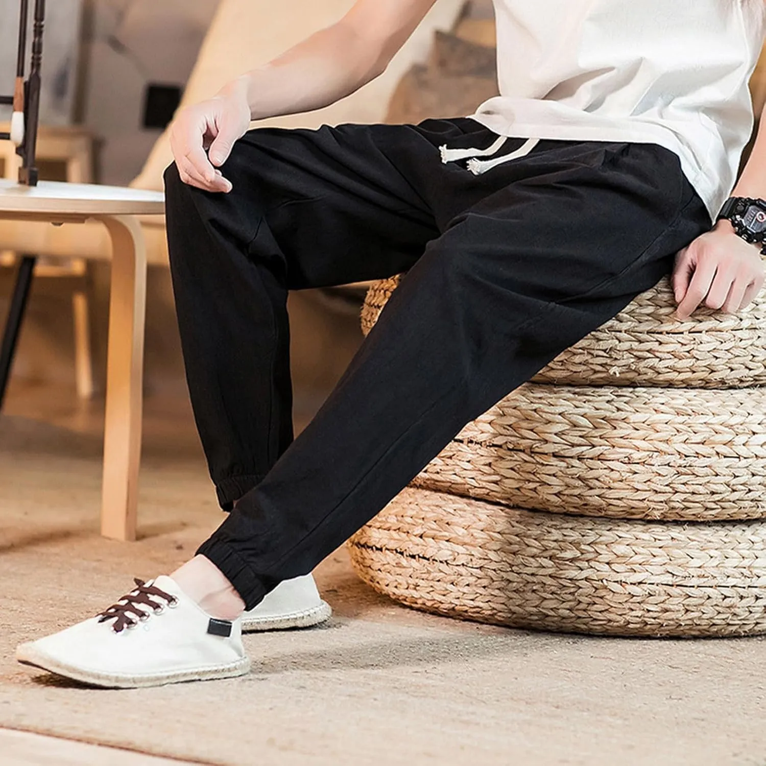 Mens Classic Casual Pants Workout Athletic Pants Parachute Tapered Cotton Linen Sweatpants Hiking Jogger Fashion Pant