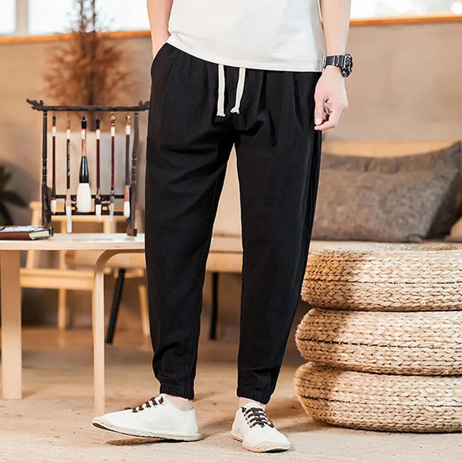 Mens Classic Casual Pants Workout Athletic Pants Parachute Tapered Cotton Linen Sweatpants Hiking Jogger Fashion Pant