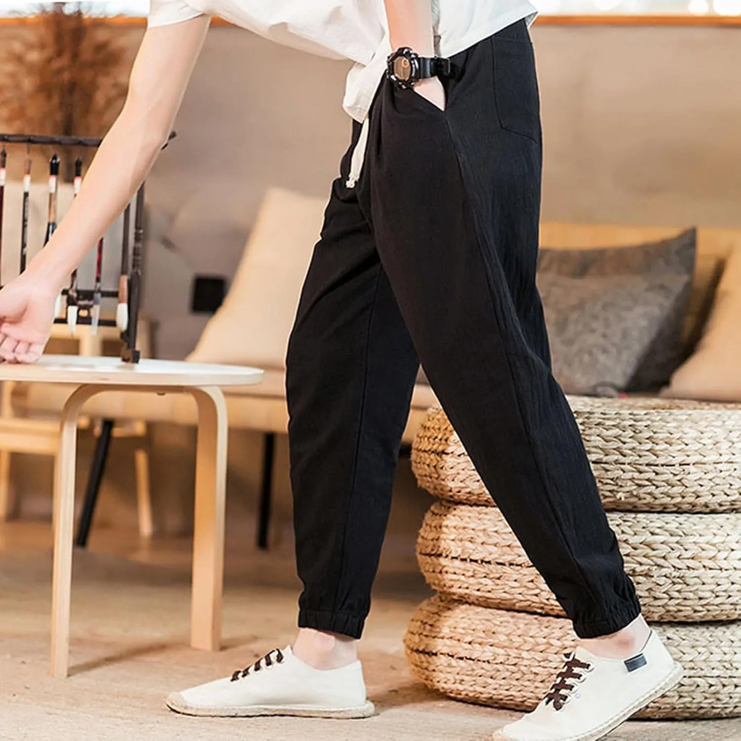 Mens Classic Casual Pants Workout Athletic Pants Parachute Tapered Cotton Linen Sweatpants Hiking Jogger Fashion Pant