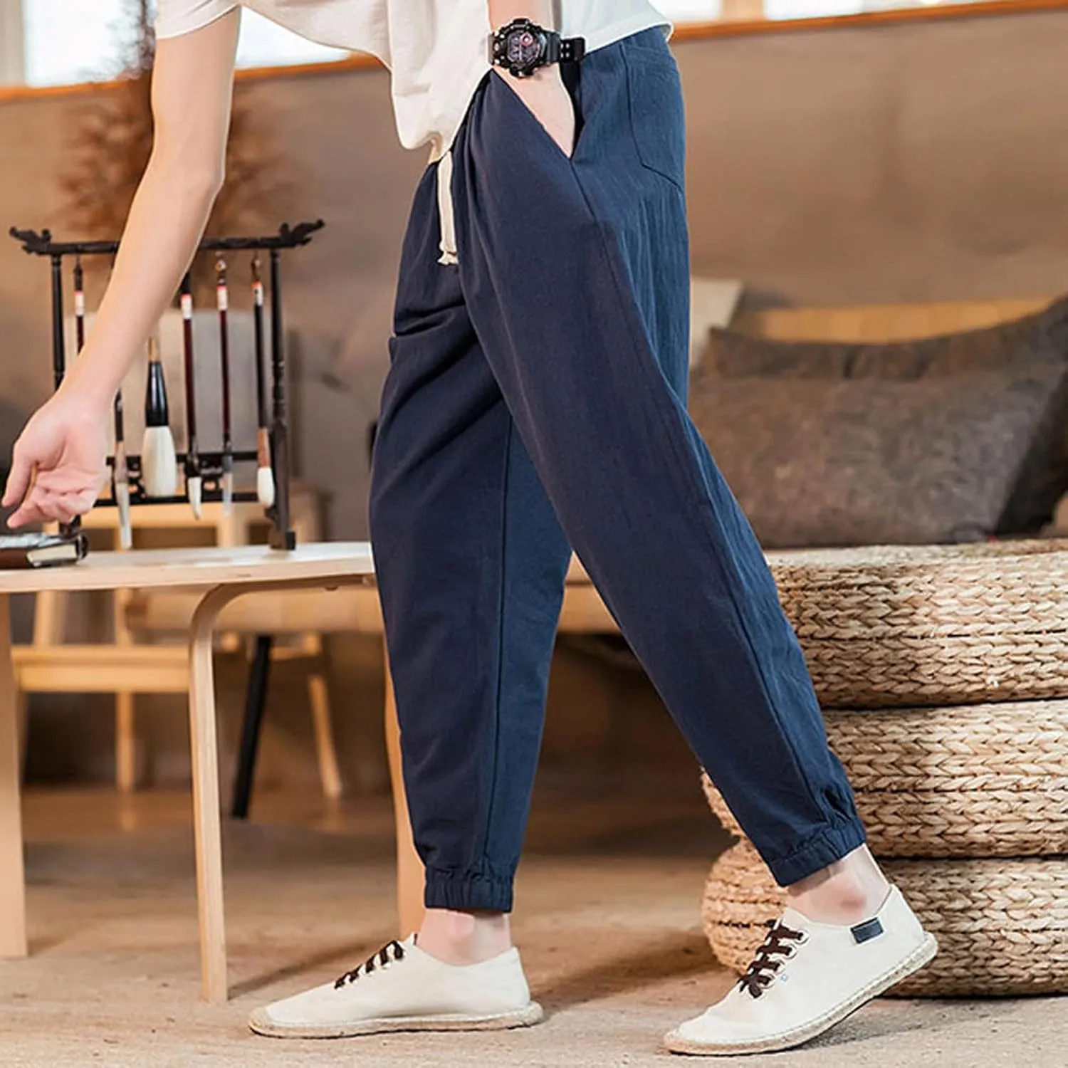 Mens Classic Casual Pants Workout Athletic Pants Parachute Tapered Cotton Linen Sweatpants Hiking Jogger Fashion Pant
