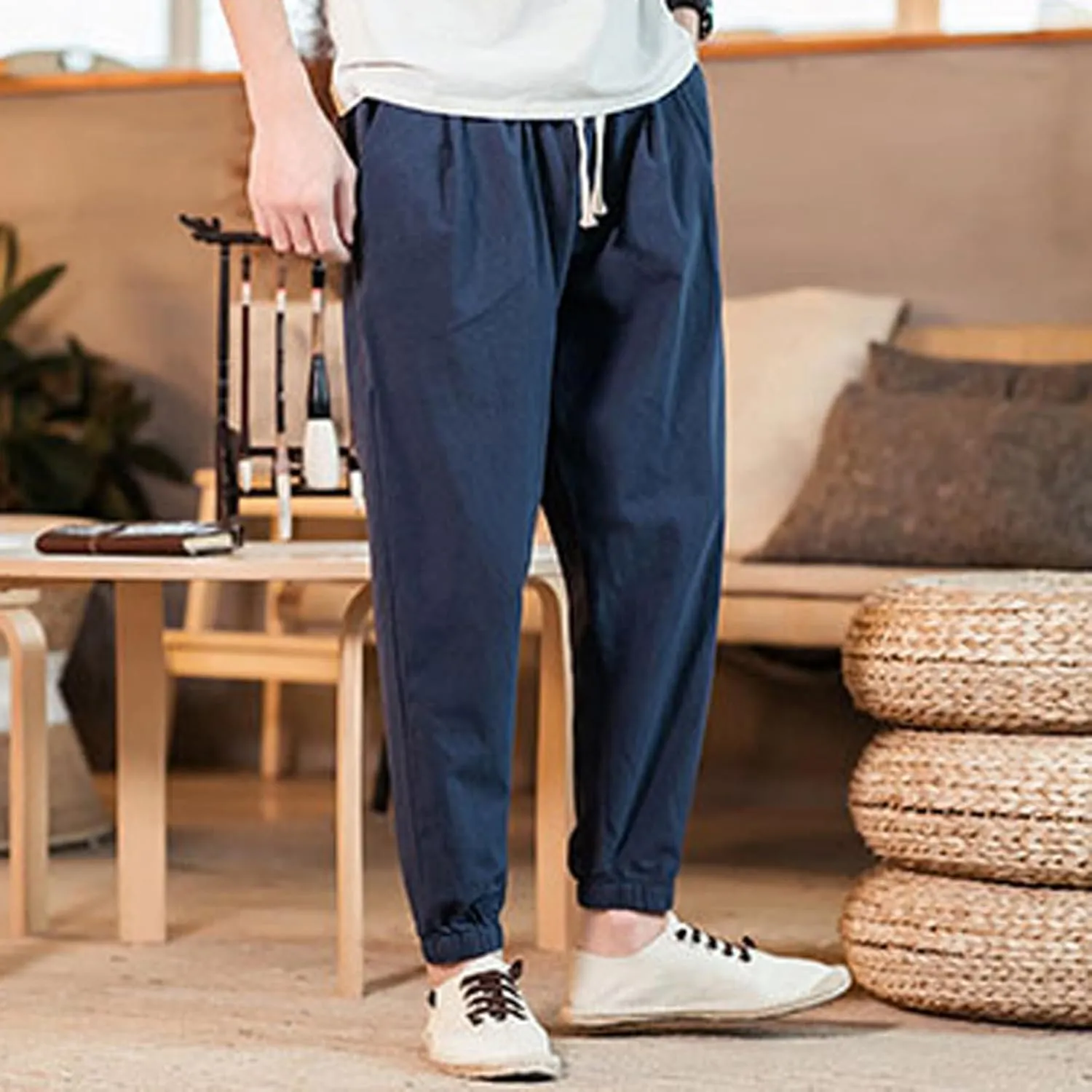 Mens Classic Casual Pants Workout Athletic Pants Parachute Tapered Cotton Linen Sweatpants Hiking Jogger Fashion Pant