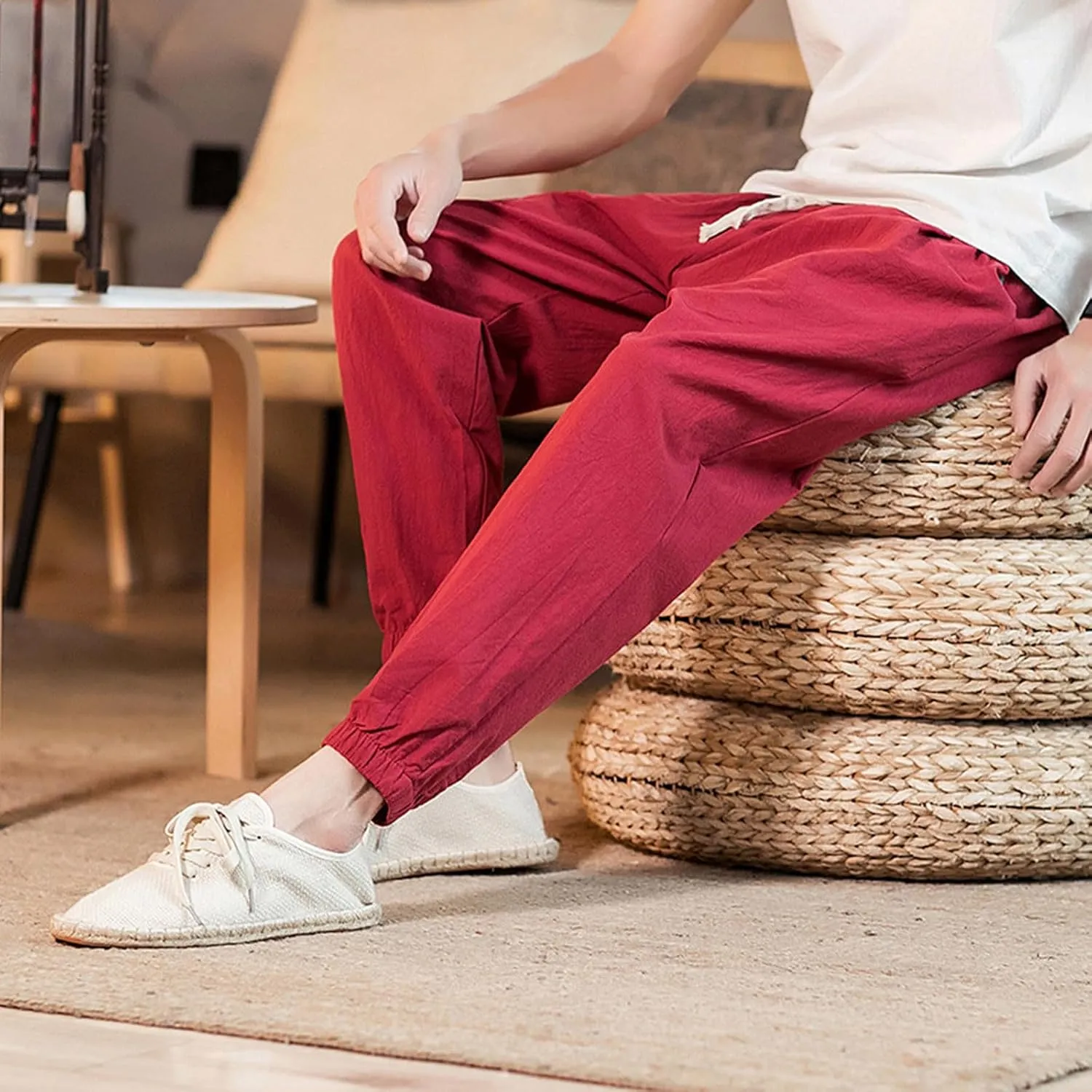 Mens Classic Casual Pants Workout Athletic Pants Parachute Tapered Cotton Linen Sweatpants Hiking Jogger Fashion Pant