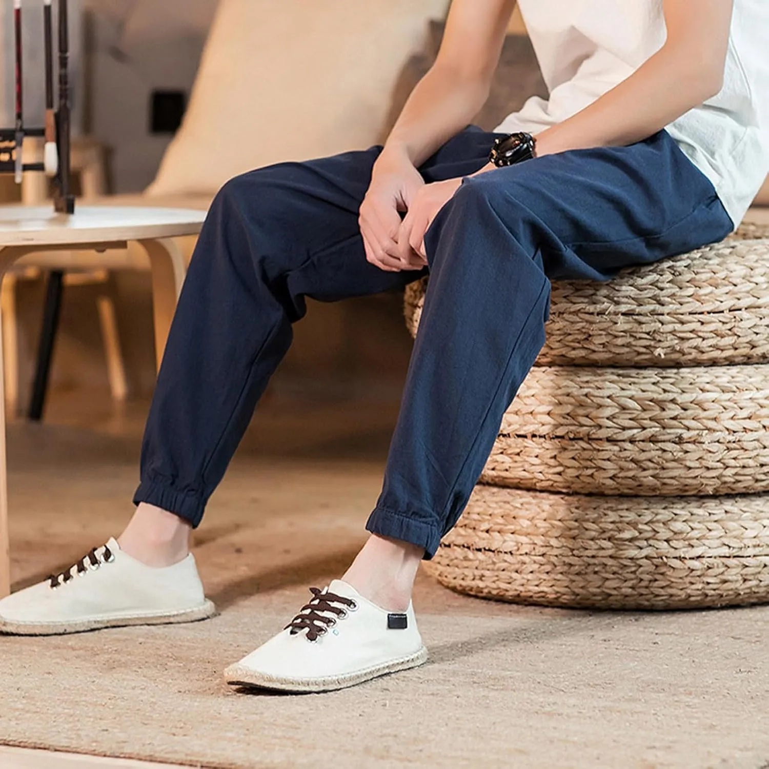 Mens Classic Casual Pants Workout Athletic Pants Parachute Tapered Cotton Linen Sweatpants Hiking Jogger Fashion Pant