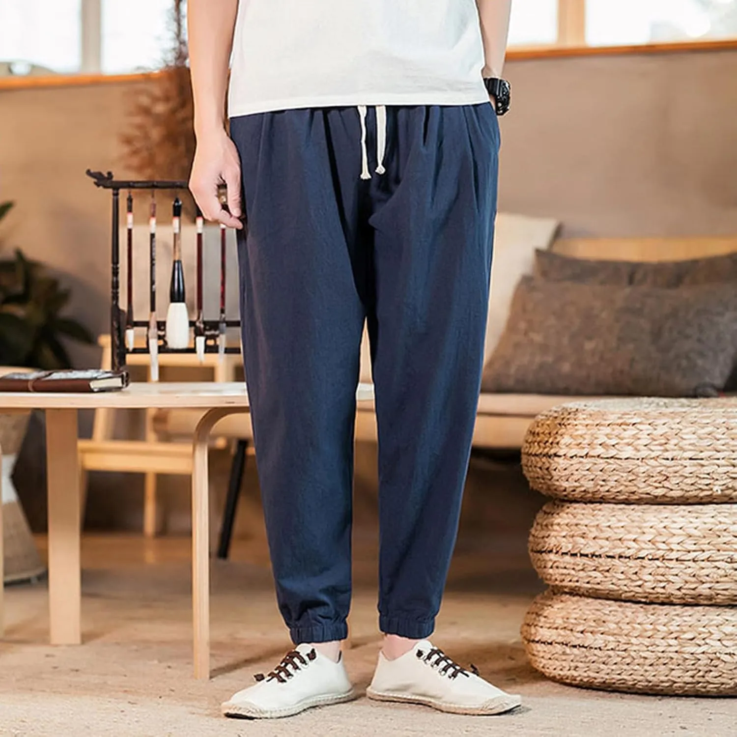 Mens Classic Casual Pants Workout Athletic Pants Parachute Tapered Cotton Linen Sweatpants Hiking Jogger Fashion Pant