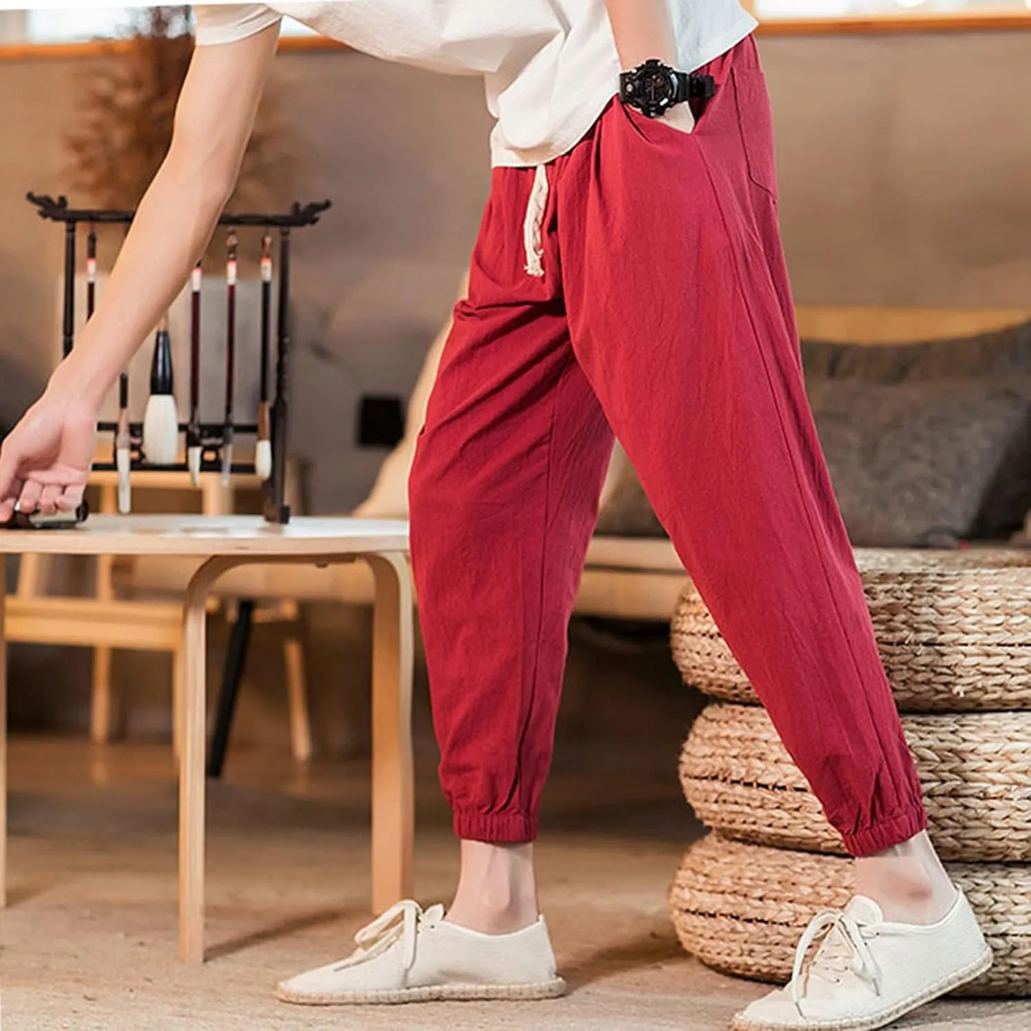 Mens Classic Casual Pants Workout Athletic Pants Parachute Tapered Cotton Linen Sweatpants Hiking Jogger Fashion Pant